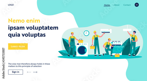 Happy servicemen repairing machines at home flat vector illustration. Electrician, mechanic or repairer at work. Repair and maintenance concept.