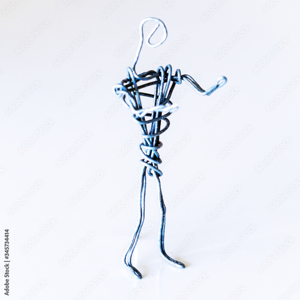 A man of wire stands gesturing with his hands, symbolizing conversation, proof