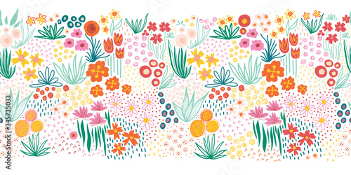 Doodle flower meadow seamless vector kids border. Repeating colorful line art floral pattern. Use for fabric trim, ribbons, card decor, letters, frames, spring and summer decor