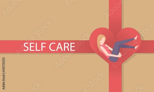 self care and self compassion concept,woman or girl sadly on a red heart,Red ribbon with text, white background,Vector illustration outline design.