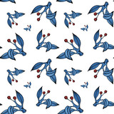 hand drawn watercolor seamless pattern of repeating decorative blue branches with leaves and red berries on a white background.