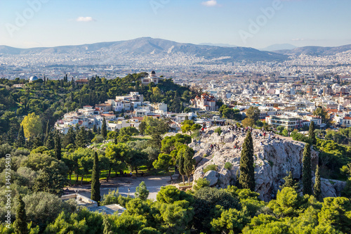 Areopagus hill and aerial view of Athens from Acropolis
