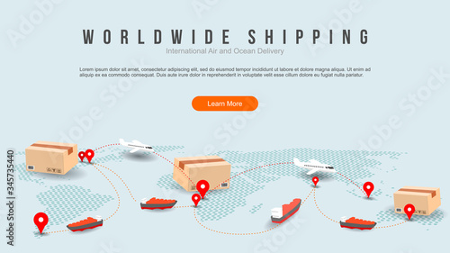 worldwide shipping by air and sea fright transport. transportation route. geo tagging. modern dot world map with coy space concept illustration. photo