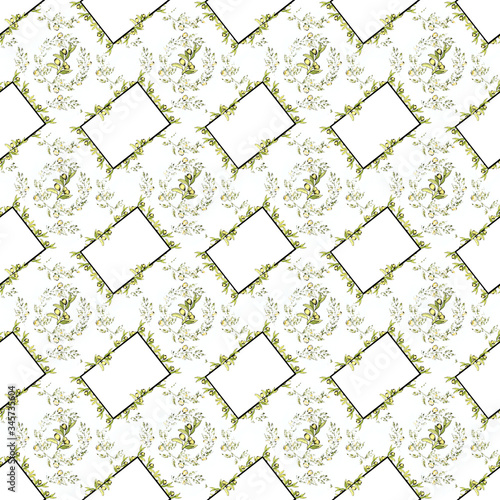 hand drawn watercolor seamless pattern of green olive branches and white square frames with branches and green olive berries on a white background.