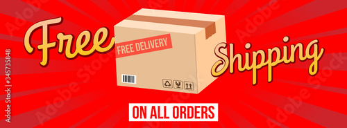 free shipping on all orders comic style modern dynamic sales banner with shipment cardboard vector illustration 