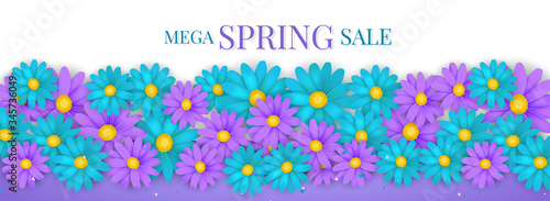 Spring sale banner or newsletter header. Blue and purple realistic daisy or gerbera flowers. Floral promo design. Vector illustration.