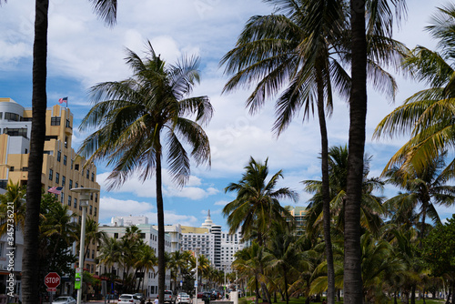 Miami beach. Ocean Drive in South Beach. Coronavirus pandemic time. American city. USA urban lifestyle. Traffic in the city with palm trees. Florida Sunshine State. © Tverdokhlib