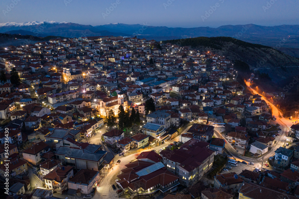 Aerial night view of a city of Krushevo in cental North Macedonia, Balkans