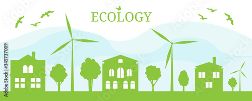 Green city concept. Ecological house and environment conservation. Renewable energy with a wind generators.