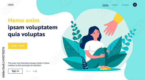Young woman getting help and cure from stress flat vector illustration. Girl feeling anxiety and loneliness. Helping hand. Psychotherapy, counseling and psychological support concept.