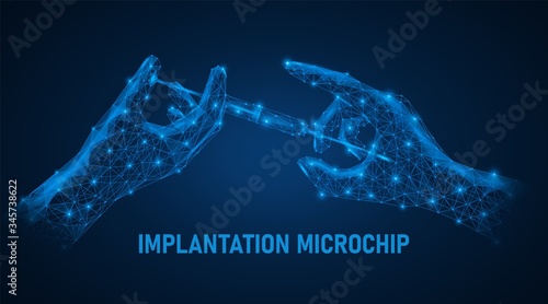 Implantation of a microchip in a person's arm. Implantation of an identity ID. Low-poly model. Blue background.