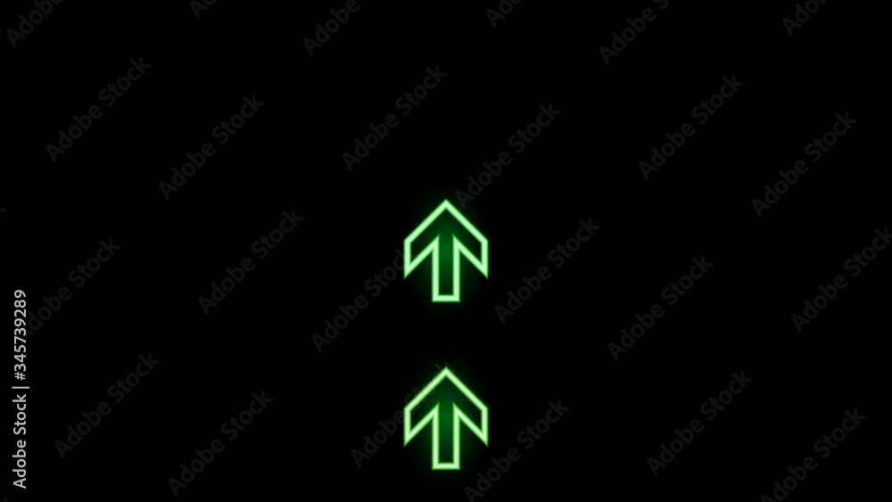 Green neon up arrows. Glowing element. Bright blinking arrows on black background Green neon up arrows. Glowing element. Bright blinking arrows on black background