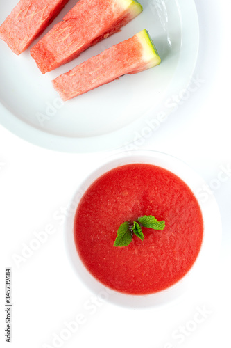 Fresh watermelon mint juice on white background from above