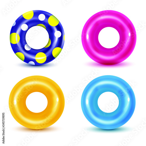 Set of swim rings on white background. Inflatable rubber toy for  water and beach or trip safety.
Life saving floating lifebuoy for beach or ship, rescue belt for saving people. Vector illustration. 