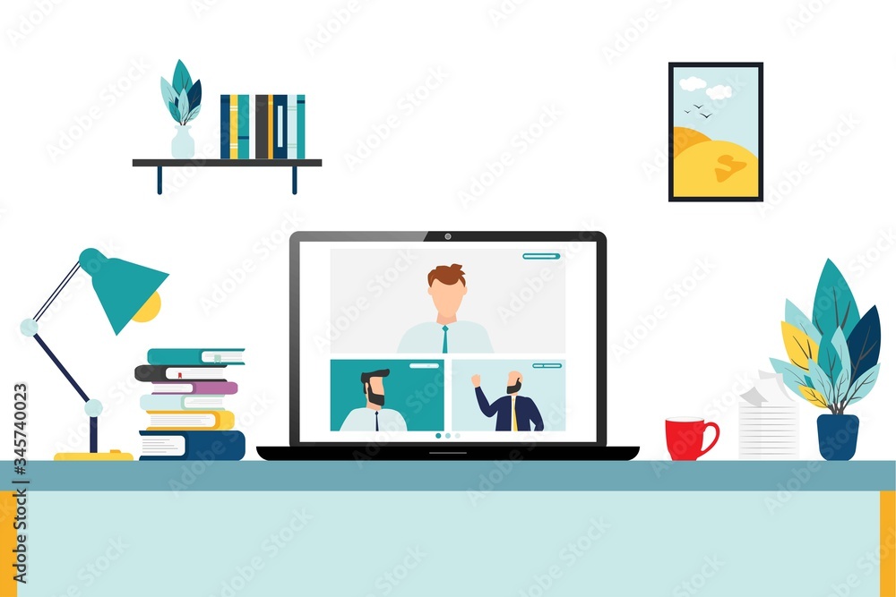 Video call conference, working from home, social distancing, business discussion Video call conference, working from home, social distancing, business discussion