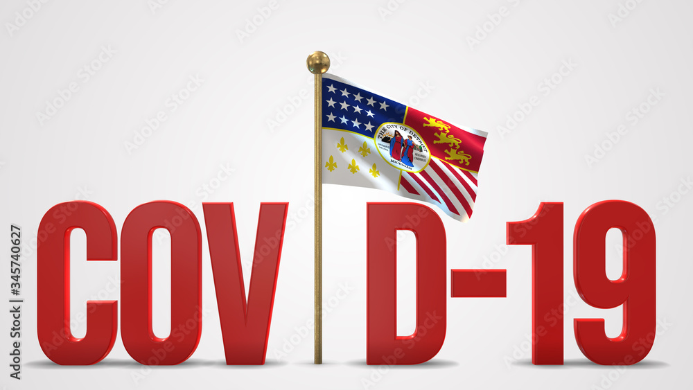 Naklejka premium Detroit Michigan realistic 3D flag and Covid-19 illustration.
