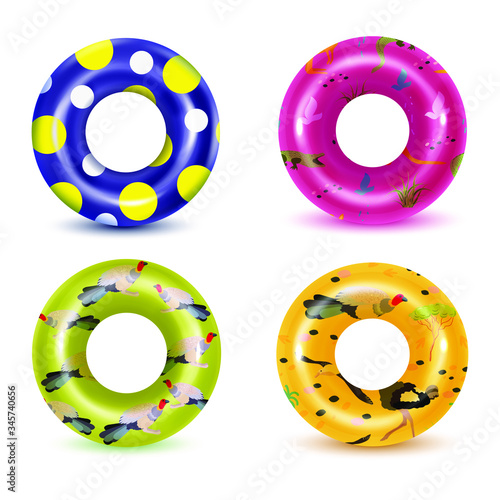 Set of swim rings on white background. Inflatable rubber toy for  water and beach or trip safety.
Life saving floating lifebuoy for beach or ship, rescue belt for saving people. Vector illustration. 