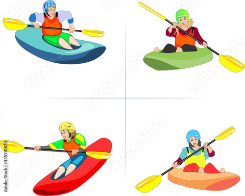 Kayak sport team a man and three women with equipment
