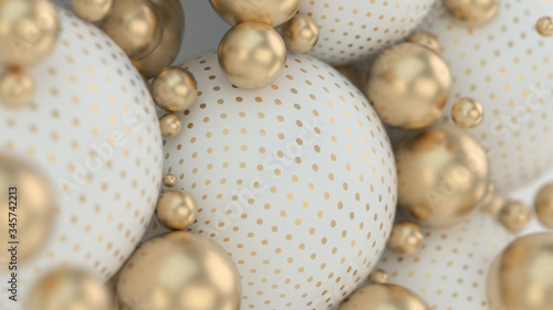 Abstract background with 3d spheres. Gold and white bubbles. Jewelry cover concept. Horizontal banner. Decor element for design. Volume elements, balls, texture, lines, colorful. 3d illustration