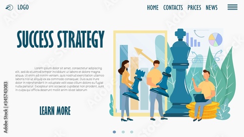 Man leader sitting with laptop on coins  near character man and woman with chess figures landing page  web template in vector design. Business strategy  success concept graphic illustration.
