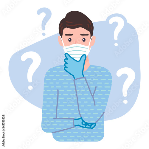 Thinking young man wearing protective Medical mask and gloves for prevent corona virus Covid-19