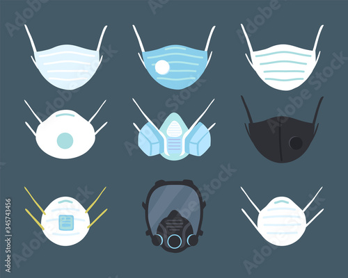 set of different medical protective face masks, respirators. Safety breathing various type of mask