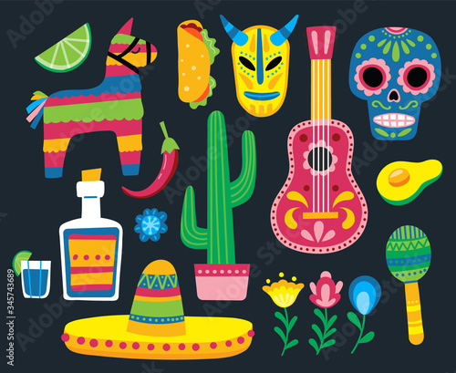 Set with mexican icons - skull, guitar, cactis, pinata, maracas, sombrero, tequila, avocado, lime, taco. Vector illustration isolated on black background for web.