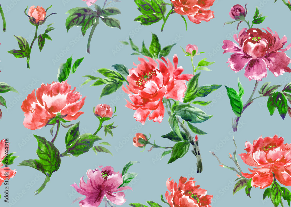 Peony seamless pattern in chinese, japanese, korean, oriental style. Floral watercolor print of red flowers on a turquoise background. 