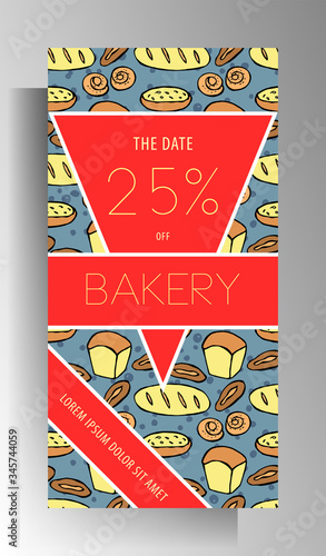 Bakery shop banner template design. Hand-drawn color doodle pattern. Vector 10 EPS.