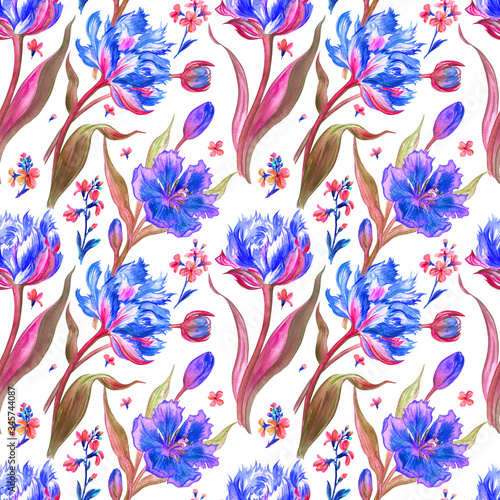 Seamless pattern of terry tulips and Mattioli. Floral watercolor print of violet-blue flowers on a white background