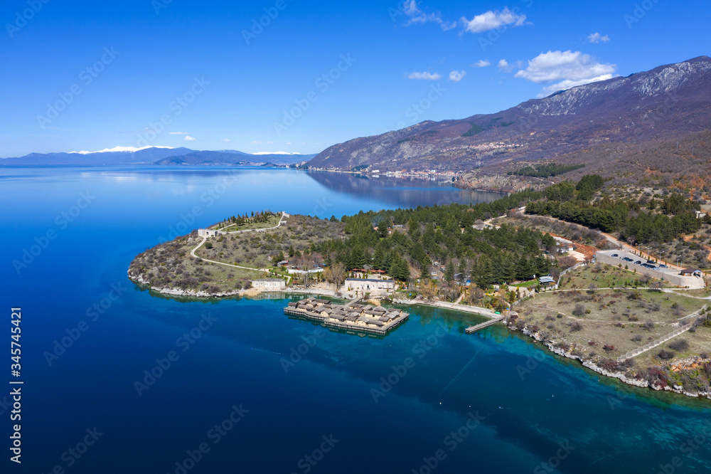 Aerial view of Museum on water in the Bay of Bones on the Ohrid Lake in North Macedonia