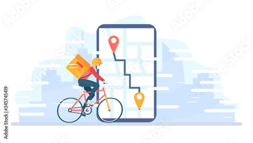 Food delivery service. Man riding a red bike, bicycle. Online pizza order. A courier guy