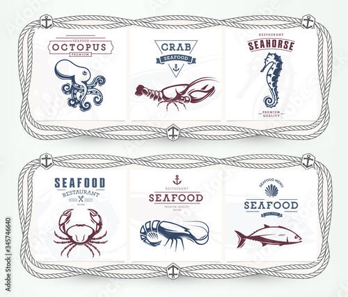 Plate, menu, board with frame of rope and anchors. Logo templates with sea animals. Concept for seafood restaurants. Isolated Vector Graphics