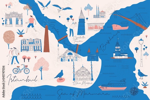 Cartoon Map of  Istanbul with Legend Icons. Print Design 
