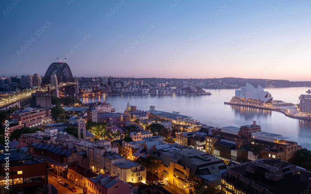 Obraz premium sunrise, Aerial view of Sydney with Harbour Bridge, Australia