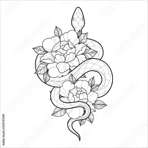 Hand drawing outline snake with flowers. Tattoo snake for Henna drawing and tattoo template. Vector illustration
