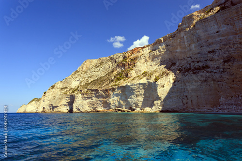 Horizontal seascape on Zakynthos island, Greece with turquoise sea and blue sky.