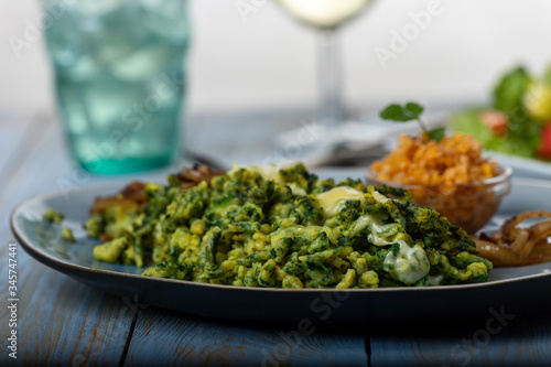bavarian spinach spaetzle on a plate