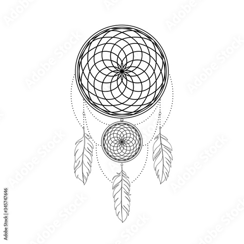 Abstract linear dreamcatcher amulet. Tattoo dreamcatcher. Mehendi illustration. Vector illustration