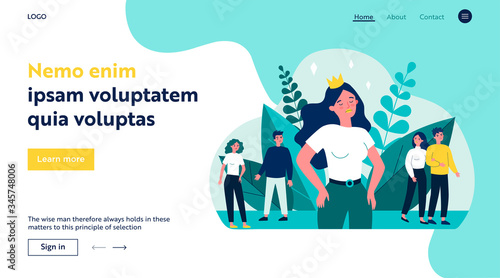 Selfish girl and society flat vector illustration. Arrogant young woman not seeing angry people. Social problem and communication concept.