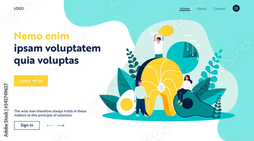 Happy people keeping keto diet and eating high fat and protein foods. Meat, fish, eggs and avocado lovers. Vector illustration for ketogenic diet, healthy nutrition concept