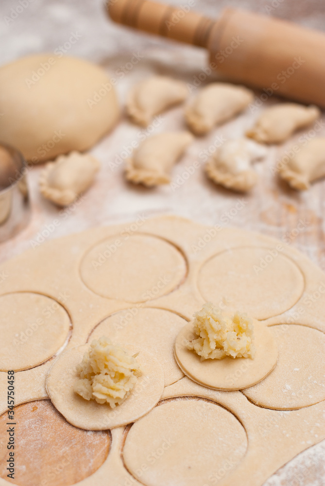 Homemade raw dumplings with filling on a wooden board