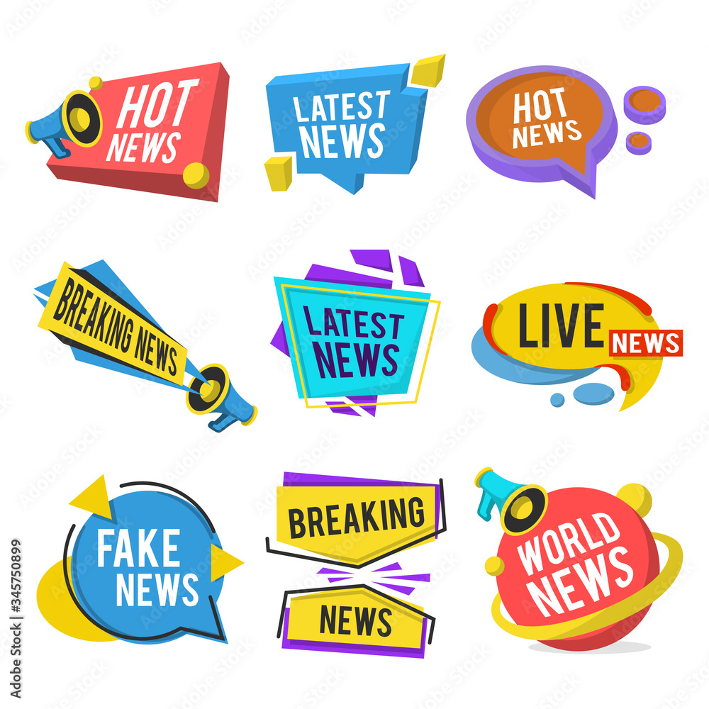 News labels flat icon collection. Breaking, latest, hot, world, sport and fake news titles vector illustration set. Newsletter, TV headline and typography concept News labels flat icon collection. Breaking, latest, hot, world, sport and fake news titles vector illustration set. Newsletter, TV headline and typography concept