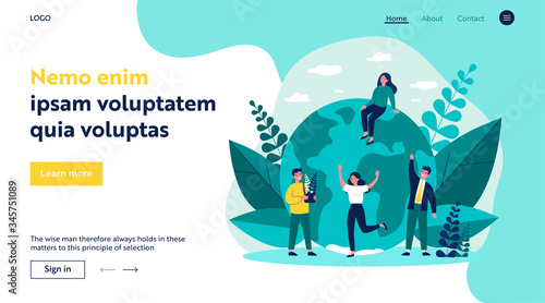Earth, men with plants and women flat vector illustration. Tiny people saving world ecology and huge planet at background. Eco, environment and protecting nature concept