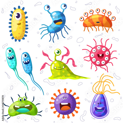 Photography Bacteria, microbes, cute germs and viruses isolated cartoon characters with funny faces set