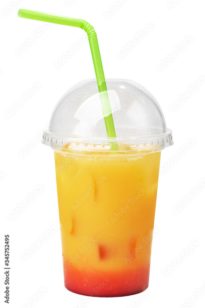 plastic glass with a straw and freshly squeezed juice from fruits of mango, banana and strawberry isolated on a white background. Fast food plastic glass with a straw and freshly squeezed juice from fruits of mango, banana and strawberry isolated on a white background. Fast food