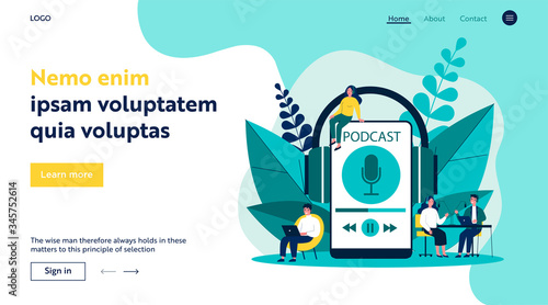 People listening speakers from broadcasting station flat vector illustration. Man and woman listening podcast online Anchorperson sitting and talking to microphone. Radio and technology concept