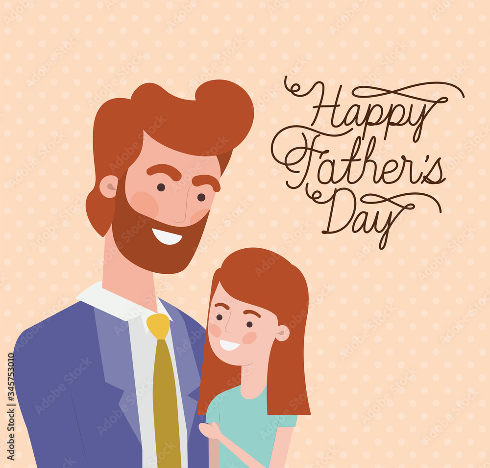 Happy fathers day text man and daughter cartoon vector design Happy fathers day text man and daughter cartoon vector design