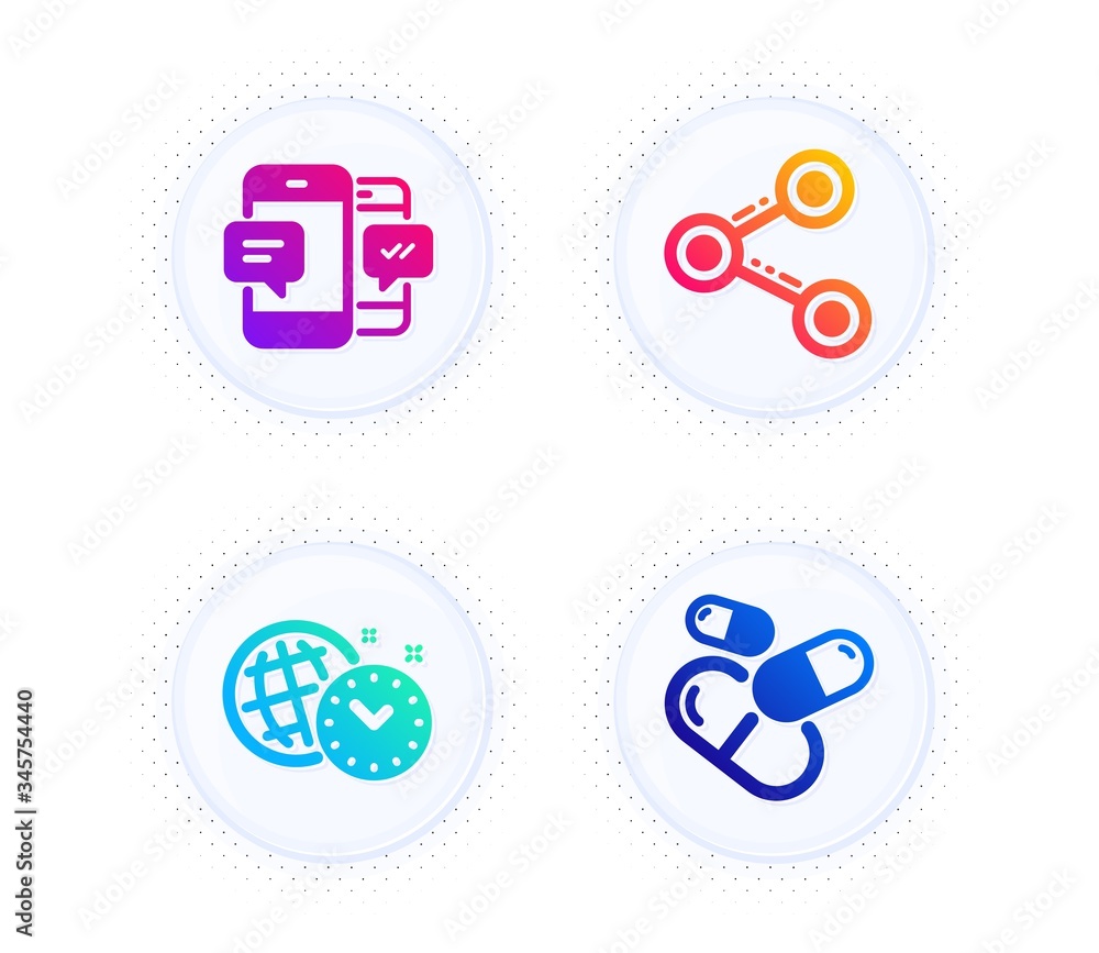 Time management, Share and Smartphone sms icons simple set. Button with halftone dots. Capsule pill sign. World clock, Follow network, Mobile messages. Medicine drugs. Business set. Vector Time management, Share and Smartphone sms icons simple set. Button with halftone dots. Capsule pill sign. World clock, Follow network, Mobile messages. Medicine drugs. Business set. Vector