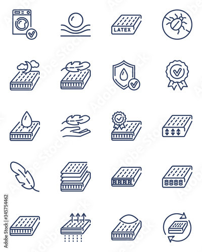 Mattress thin outline icon set. Breathable, washable, latex sleeping pad for bed vector kit. Memory foam, pillow, spring isolated line symbols collection. Comfort and spine support concept
